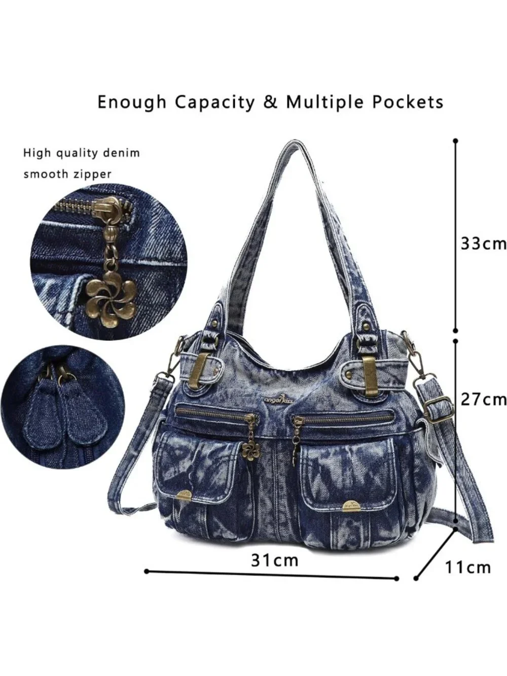 Stylish Women's Large Washed Leather Handbag with Double Zipper & Multi Pockets
